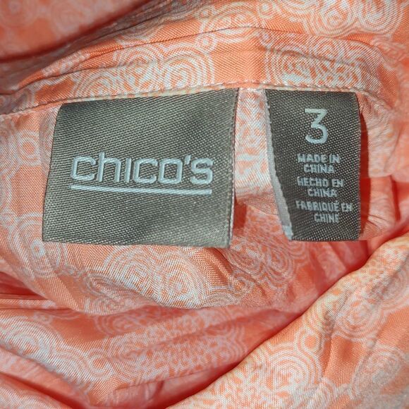 Chico's light orange and white pleated button down long sleeve shirt  Sz 3  (16) - Picture 6 of 7